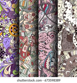Set of tracery colorful seamless patterns. Vertical stripes. Curved doodling backgrounds for textile or printing with mehndi and ethnic motives. Vector