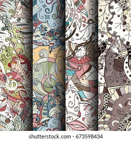 Set of tracery colorful seamless patterns. Vertical stripes. Curved doodling backgrounds for textile or printing with mehndi and ethnic motives. Vector