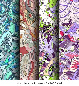 Set of tracery colorful seamless patterns. Vertical stripes. Curved doodling backgrounds for textile or printing with mehndi and ethnic motives. Vector