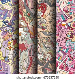 Set of tracery colorful seamless patterns. Vertical stripes. Curved doodling backgrounds for textile or printing with mehndi and ethnic motives. Vector