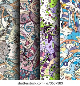 Set of tracery colorful seamless patterns. Vertical stripes. Curved doodling backgrounds for textile or printing with mehndi and ethnic motives. Vector