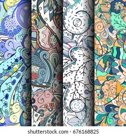 Set of tracery colorful seamless patterns. Vertical stripes. Curved doodling backgrounds for textile or printing with mehndi and ethnic motives. Vector