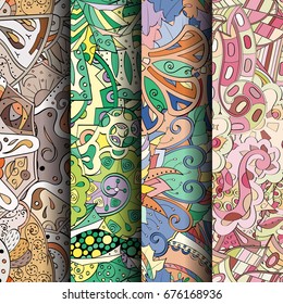 Set of tracery colorful seamless patterns. Vertical stripes. Curved doodling backgrounds for textile or printing with mehndi and ethnic motives. Vector