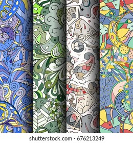 Set of tracery colorful seamless patterns. Vertical stripes. Curved doodling backgrounds for textile or printing with mehndi and ethnic motives. Vector