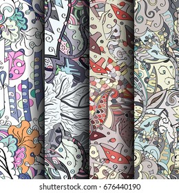 Set of tracery colorful seamless patterns. Vertical stripes. Curved doodling backgrounds for textile or printing with mehndi and ethnic motives. Vector