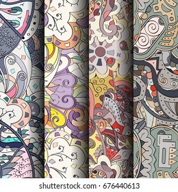 Set of tracery colorful seamless patterns. Vertical stripes. Curved doodling backgrounds for textile or printing with mehndi and ethnic motives. Vector