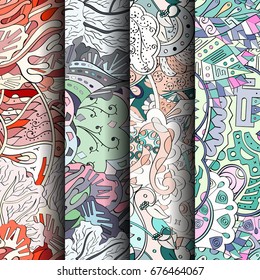 Set of tracery colorful seamless patterns. Vertical stripes. Curved doodling backgrounds for textile or printing with mehndi and ethnic motives. Vector