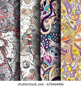 Set of tracery colorful seamless patterns. Vertical stripes. Curved doodling backgrounds for textile or printing with mehndi and ethnic motives. Vector