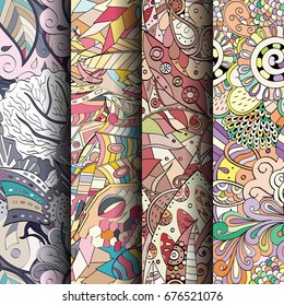 Set of tracery colorful seamless patterns. Vertical stripes. Curved doodling backgrounds for textile or printing with mehndi and ethnic motives. Vector