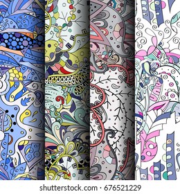 Set of tracery colorful seamless patterns. Vertical stripes. Curved doodling backgrounds for textile or printing with mehndi and ethnic motives. Vector