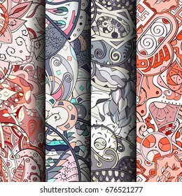 Set of tracery colorful seamless patterns. Vertical stripes. Curved doodling backgrounds for textile or printing with mehndi and ethnic motives. Vector