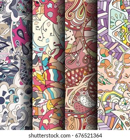 Set of tracery colorful seamless patterns. Vertical stripes. Curved doodling backgrounds for textile or printing with mehndi and ethnic motives. Vector