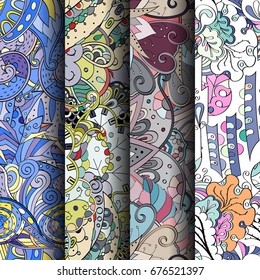 Set of tracery colorful seamless patterns. Vertical stripes. Curved doodling backgrounds for textile or printing with mehndi and ethnic motives. Vector
