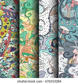 Set of tracery colorful seamless patterns. Vertical stripes. Curved doodling backgrounds for textile or printing with mehndi and ethnic motives. Vector