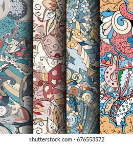 Set of tracery colorful seamless patterns. Vertical stripes. Curved doodling backgrounds for textile or printing with mehndi and ethnic motives. Vector