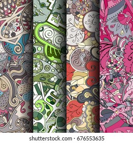 Set of tracery colorful seamless patterns. Vertical stripes. Curved doodling backgrounds for textile or printing with mehndi and ethnic motives. Vector