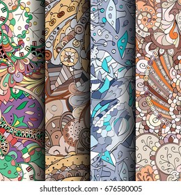 Set of tracery colorful seamless patterns. Vertical stripes. Curved doodling backgrounds for textile or printing with mehndi and ethnic motives. Vector
