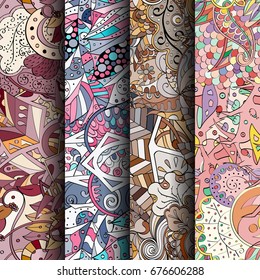 Set of tracery colorful seamless patterns. Vertical stripes. Curved doodling backgrounds for textile or printing with mehndi and ethnic motives. Vector
