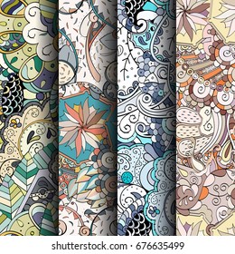 Set of tracery colorful seamless patterns. Vertical stripes. Curved doodling backgrounds for textile or printing with mehndi and ethnic motives. Vector