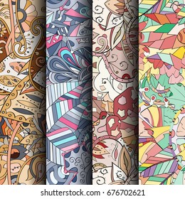 Set of tracery colorful seamless patterns. Vertical stripes. Curved doodling backgrounds for textile or printing with mehndi and ethnic motives. Vector
