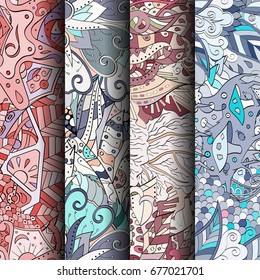 Set of tracery colorful seamless patterns. Vertical stripes. Curved doodling backgrounds for textile or printing with mehndi and ethnic motives. Vector