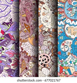 Set of tracery colorful seamless patterns. Vertical stripes. Curved doodling backgrounds for textile or printing with mehndi and ethnic motives. Vector