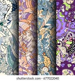 Set of tracery colorful seamless patterns. Vertical stripes. Curved doodling backgrounds for textile or printing with mehndi and ethnic motives. Vector