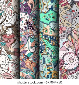 Set of tracery colorful seamless patterns. Vertical stripes. Curved doodling backgrounds for textile or printing with mehndi and ethnic motives. Vector