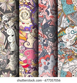 Set of tracery colorful seamless patterns. Vertical stripes. Curved doodling backgrounds for textile or printing with mehndi and ethnic motives. Vector
