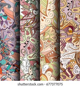 Set of tracery colorful seamless patterns. Vertical stripes. Curved doodling backgrounds for textile or printing with mehndi and ethnic motives. Vector