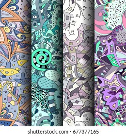 Set of tracery colorful seamless patterns. Vertical stripes. Curved doodling backgrounds for textile or printing with mehndi and ethnic motives. Vector