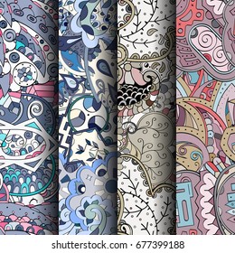 Set of tracery colorful seamless patterns. Vertical stripes. Curved doodling backgrounds for textile or printing with mehndi and ethnic motives. Vector