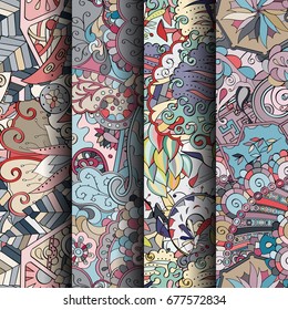 Set of tracery colorful seamless patterns. Vertical stripes. Curved doodling backgrounds for textile or printing with mehndi and ethnic motives. Vector