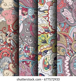 Set of tracery colorful seamless patterns. Vertical stripes. Curved doodling backgrounds for textile or printing with mehndi and ethnic motives. Vector