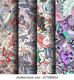 Set of tracery colorful seamless patterns. Vertical stripes. Curved doodling backgrounds for textile or printing with mehndi and ethnic motives. Vector