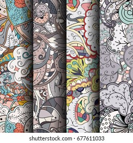 Set of tracery colorful seamless patterns. Vertical stripes. Curved doodling backgrounds for textile or printing with mehndi and ethnic motives. Vector