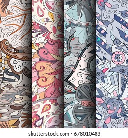 Set of tracery colorful seamless patterns. Vertical stripes. Curved doodling backgrounds for textile or printing with mehndi and ethnic motives. Vector