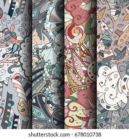Set of tracery colorful seamless patterns. Vertical stripes. Curved doodling backgrounds for textile or printing with mehndi and ethnic motives. Vector