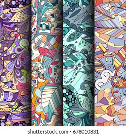 Set of tracery colorful seamless patterns. Vertical stripes. Curved doodling backgrounds for textile or printing with mehndi and ethnic motives. Vector