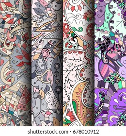 Set of tracery colorful seamless patterns. Vertical stripes. Curved doodling backgrounds for textile or printing with mehndi and ethnic motives. Vector