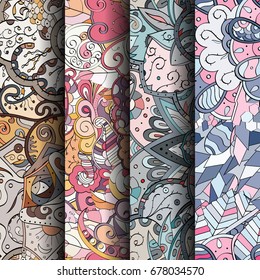 Set of tracery colorful seamless patterns. Vertical stripes. Curved doodling backgrounds for textile or printing with mehndi and ethnic motives. Vector