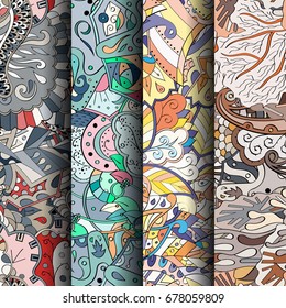 Set of tracery colorful seamless patterns. Vertical stripes. Curved doodling backgrounds for textile or printing with mehndi and ethnic motives. Vector