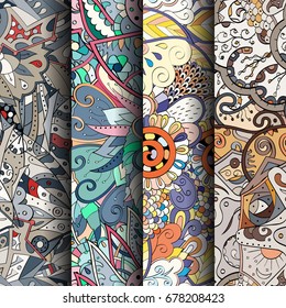 Set of tracery colorful seamless patterns. Vertical stripes. Curved doodling backgrounds for textile or printing with mehndi and ethnic motives. Vector