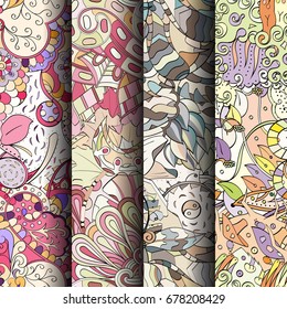 Set of tracery colorful seamless patterns. Vertical stripes. Curved doodling backgrounds for textile or printing with mehndi and ethnic motives. Vector