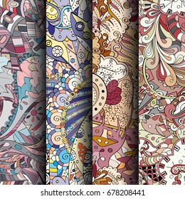 Set of tracery colorful seamless patterns. Vertical stripes. Curved doodling backgrounds for textile or printing with mehndi and ethnic motives. Vector