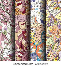 Set of tracery colorful seamless patterns. Vertical stripes. Curved doodling backgrounds for textile or printing with mehndi and ethnic motives. Vector