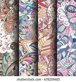 Set of tracery colorful seamless patterns. Vertical stripes. Curved doodling backgrounds for textile or printing with mehndi and ethnic motives. Vector
