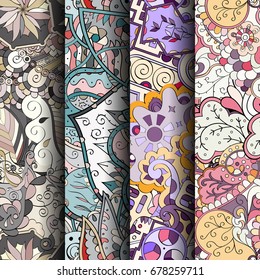 Set of tracery colorful seamless patterns. Vertical stripes. Curved doodling backgrounds for textile or printing with mehndi and ethnic motives. Vector