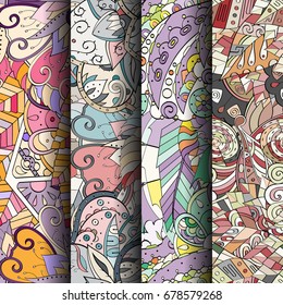 Set of tracery colorful seamless patterns. Vertical stripes. Curved doodling backgrounds for textile or printing with mehndi and ethnic motives. Vector