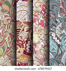 Set of tracery colorful seamless patterns. Vertical stripes. Curved doodling backgrounds for textile or printing with mehndi and ethnic motives. Vector